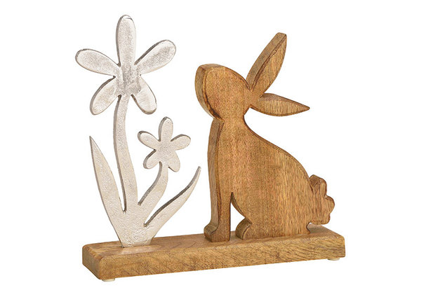 Aufsteller Hase mit Blume aus Holz, Metall Braun, Silber