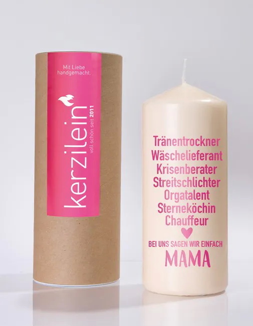 Kerzilein Flamme, pink, Mama Tränentrockner Stumpenkerze groß 18,5 x 7,8 cm