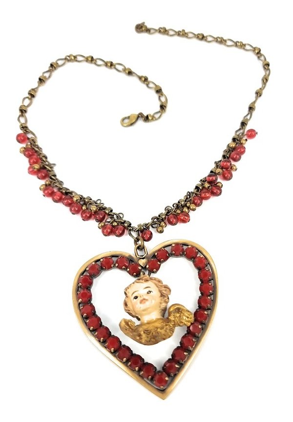 Rosa Templin Halskette Herz mit Engelsputte gold rot