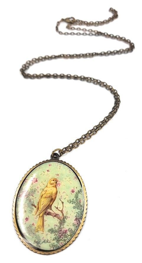 Vintage Halskette Medallion Vogel auf Ast brass gold