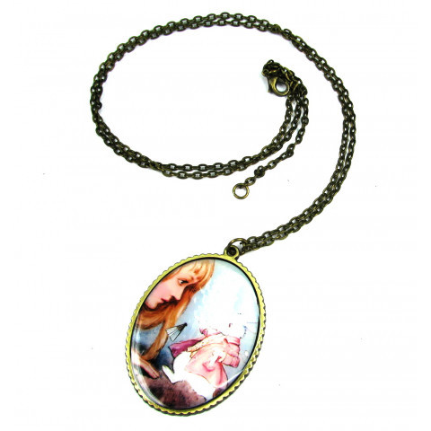 Vintage Halskette Medallion Alice und Bunny antik gold